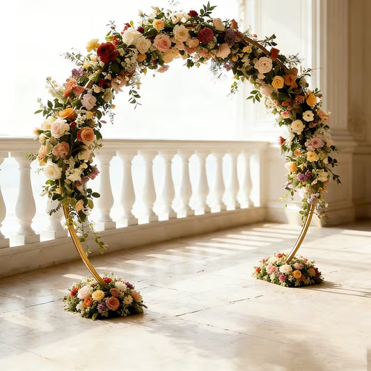 Arche de fleurs et ballons – Support rond doré
