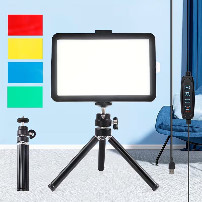 Lampe vidéo LED réglable à montage trépied avec filtres de couleur, idéale pour une utilisation sur table ou à angle bas, parfaite pour les vidéoconférences, le streaming de jeux et la photographie.