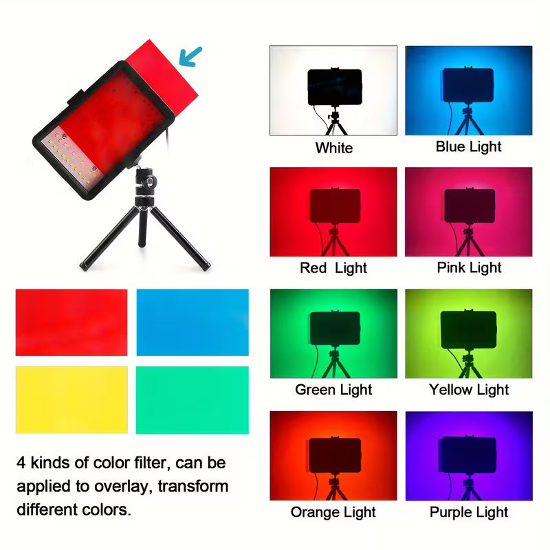 Lampe vidéo LED réglable à montage trépied avec filtres de couleur, idéale pour une utilisation sur table ou à angle bas, parfaite pour les vidéoconférences, le streaming de jeux et la photographie.