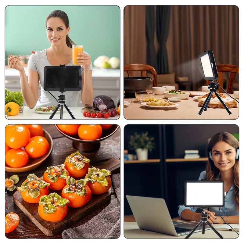 Lampe vidéo LED réglable à montage trépied avec filtres de couleur, idéale pour une utilisation sur table ou à angle bas, parfaite pour les vidéoconférences, le streaming de jeux et la photographie.