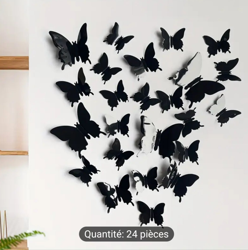24 Papillons noirs autocollant élégant pour la maison , chambre, salon et autres...