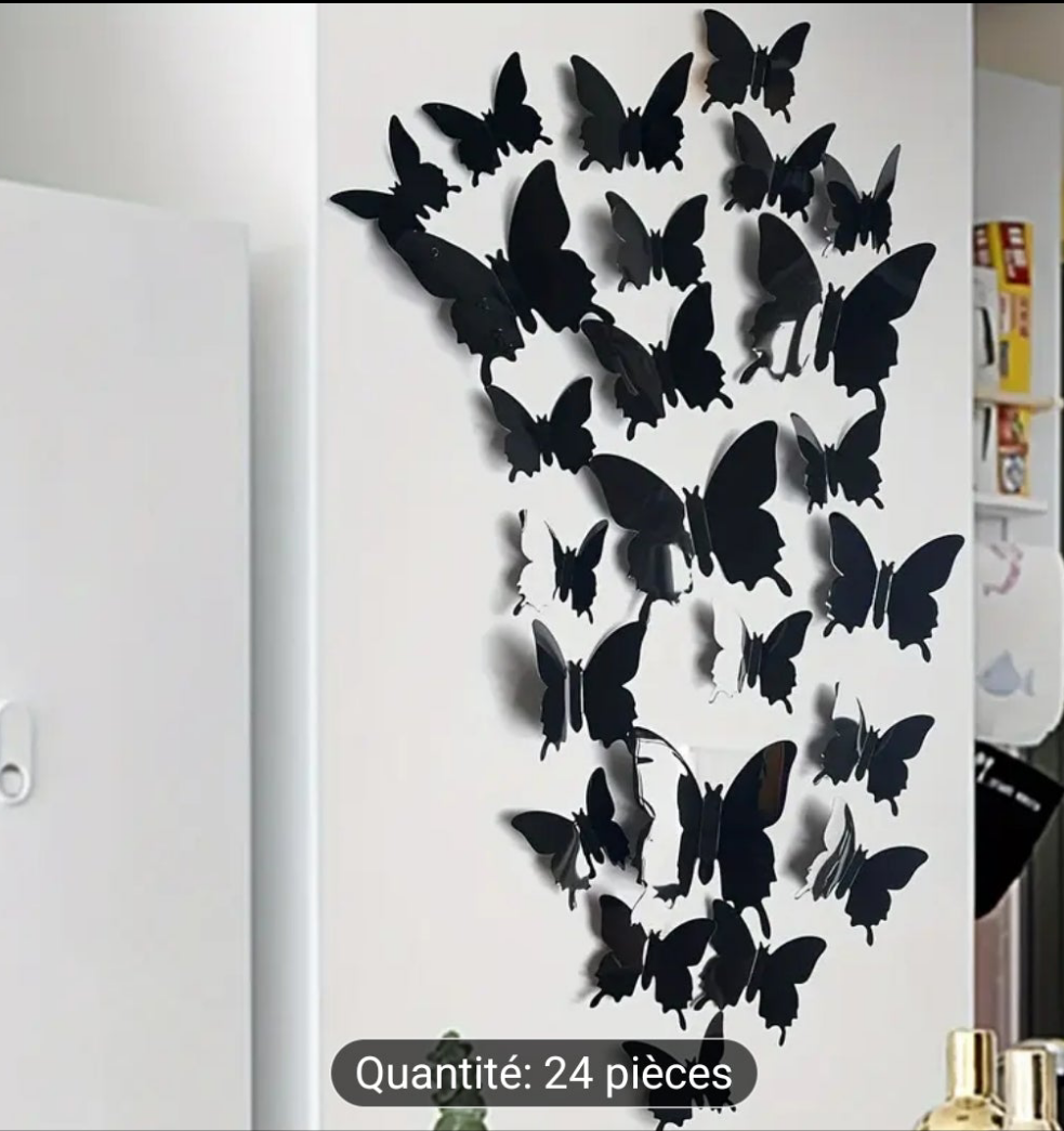24 Papillons noirs autocollant élégant pour la maison , chambre, salon et autres...