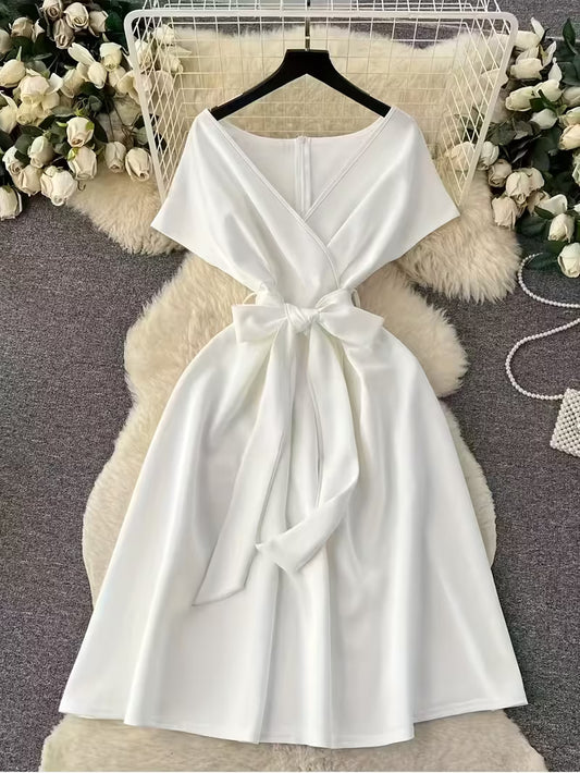 Robe de soirée haut de gamme printemps-été 2025 - Ceinture à la taille avec nœud papillon unicolore pour femme