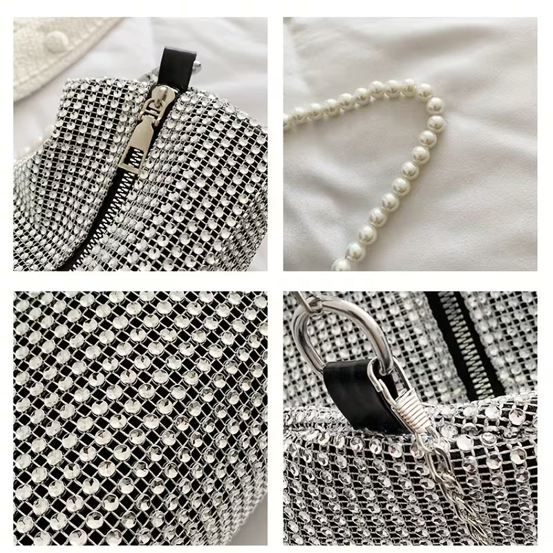 1pc Sac Bandoulière pour Femme avec Strass et Ornementations - Noir avec Sangle de Chaîne Réglable, Sac à Épaule/Multi-Usage pour Occasions, Décontractées et Formelles, Petit Sac Bandoulière