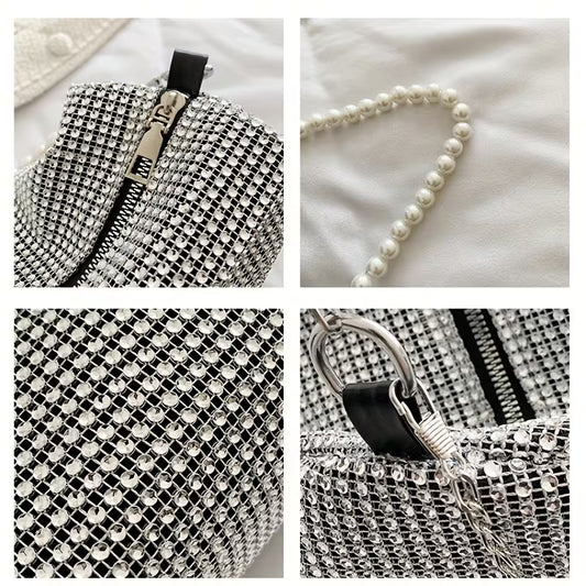 1pc Sac Bandoulière pour Femme avec Strass et Ornementations - Noir avec Sangle de Chaîne Réglable, Sac à Épaule/Multi-Usage pour Occasions, Décontractées et Formelles, Petit Sac Bandoulière
