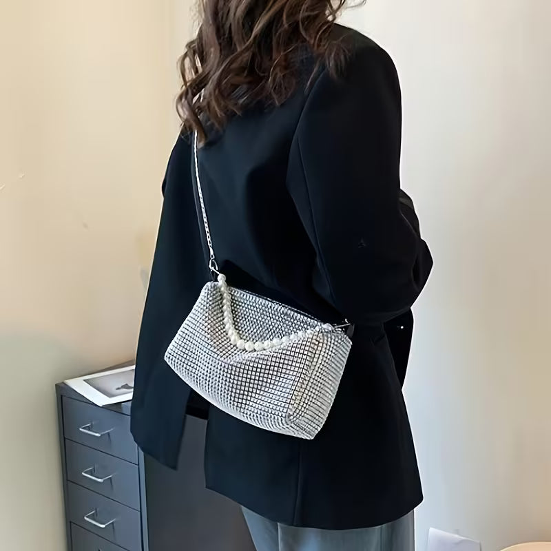1pc Sac Bandoulière pour Femme avec Strass et Ornementations - Noir avec Sangle de Chaîne Réglable, Sac à Épaule/Multi-Usage pour Occasions, Décontractées et Formelles, Petit Sac Bandoulière