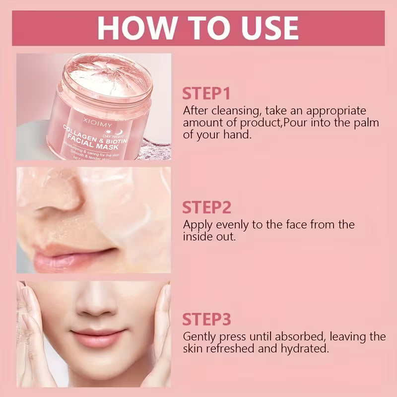 Deux packs de masque visage biotine collagène 50g jour et nuit, beige clair, texture gelée hydratante intense, effet longue durée, cadeau essentiel pour les fêtes, soin de la peau pour l'été