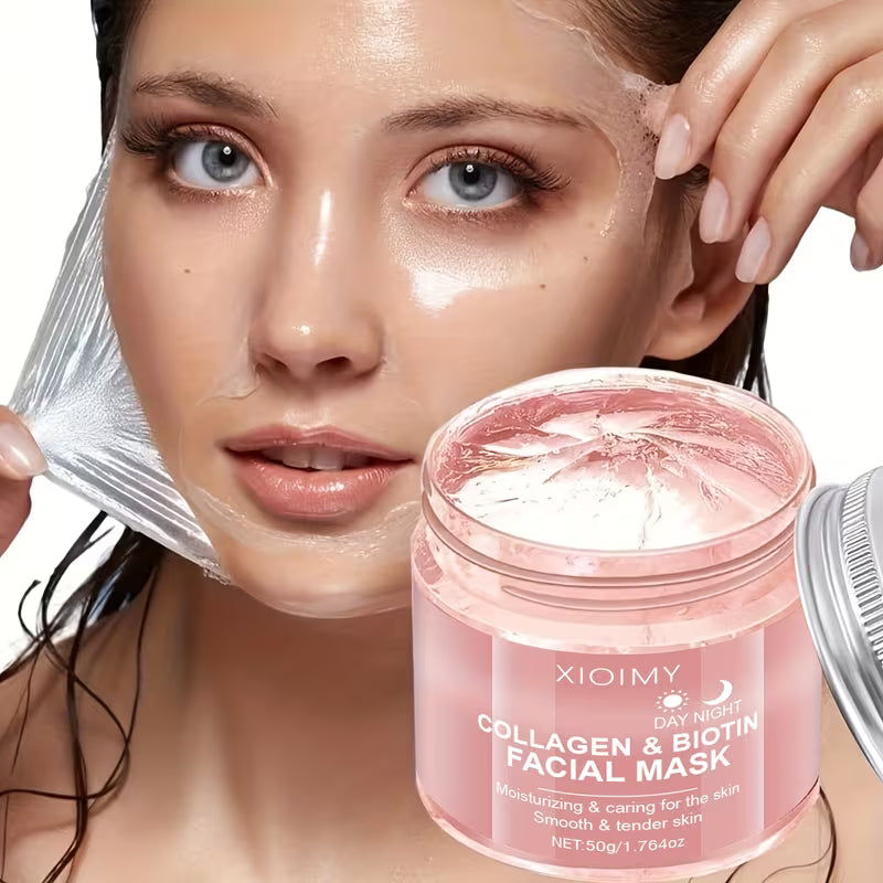 Deux packs de masque visage biotine collagène 50g jour et nuit, beige clair, texture gelée hydratante intense, effet longue durée, cadeau essentiel pour les fêtes, soin de la peau pour l'été