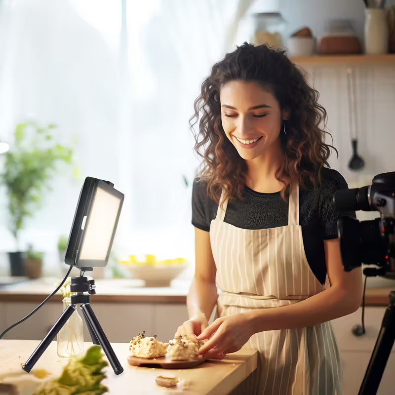 Lampe vidéo LED réglable à montage trépied avec filtres de couleur, idéale pour une utilisation sur table ou à angle bas, parfaite pour les vidéoconférences, le streaming de jeux et la photographie.