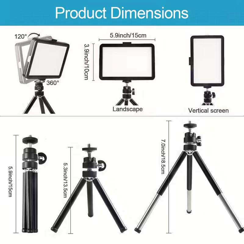 Lampe vidéo LED réglable à montage trépied avec filtres de couleur, idéale pour une utilisation sur table ou à angle bas, parfaite pour les vidéoconférences, le streaming de jeux et la photographie.