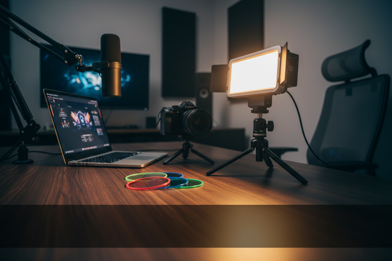 Lampe vidéo LED réglable à montage trépied avec filtres de couleur, idéale pour une utilisation sur table ou à angle bas, parfaite pour les vidéoconférences, le streaming de jeux et la photographie.
